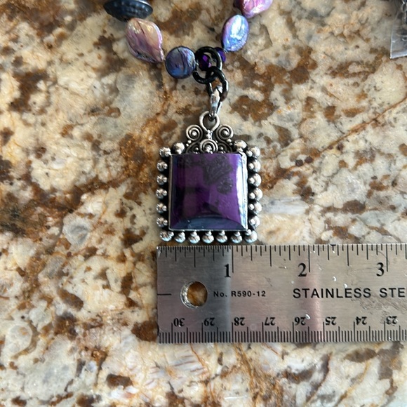 Purple Agate pendant sterling silver necklace African trade brass beads abalone - Picture 9 of 10